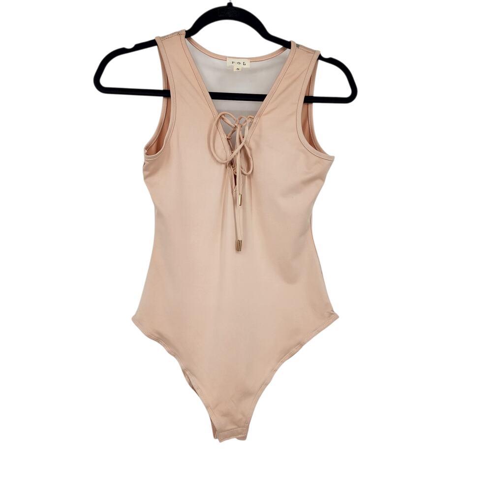 NWOT POL Apricot Nude Lace Up V-neck Mesh Panel Back Tank Top Bodysuit Size S